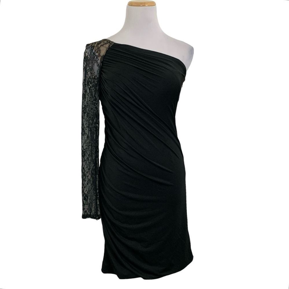 NWT Vintage Aidan Mattox Y2K One Shoulder Lace Sequin Ruched Black Mini Dress
